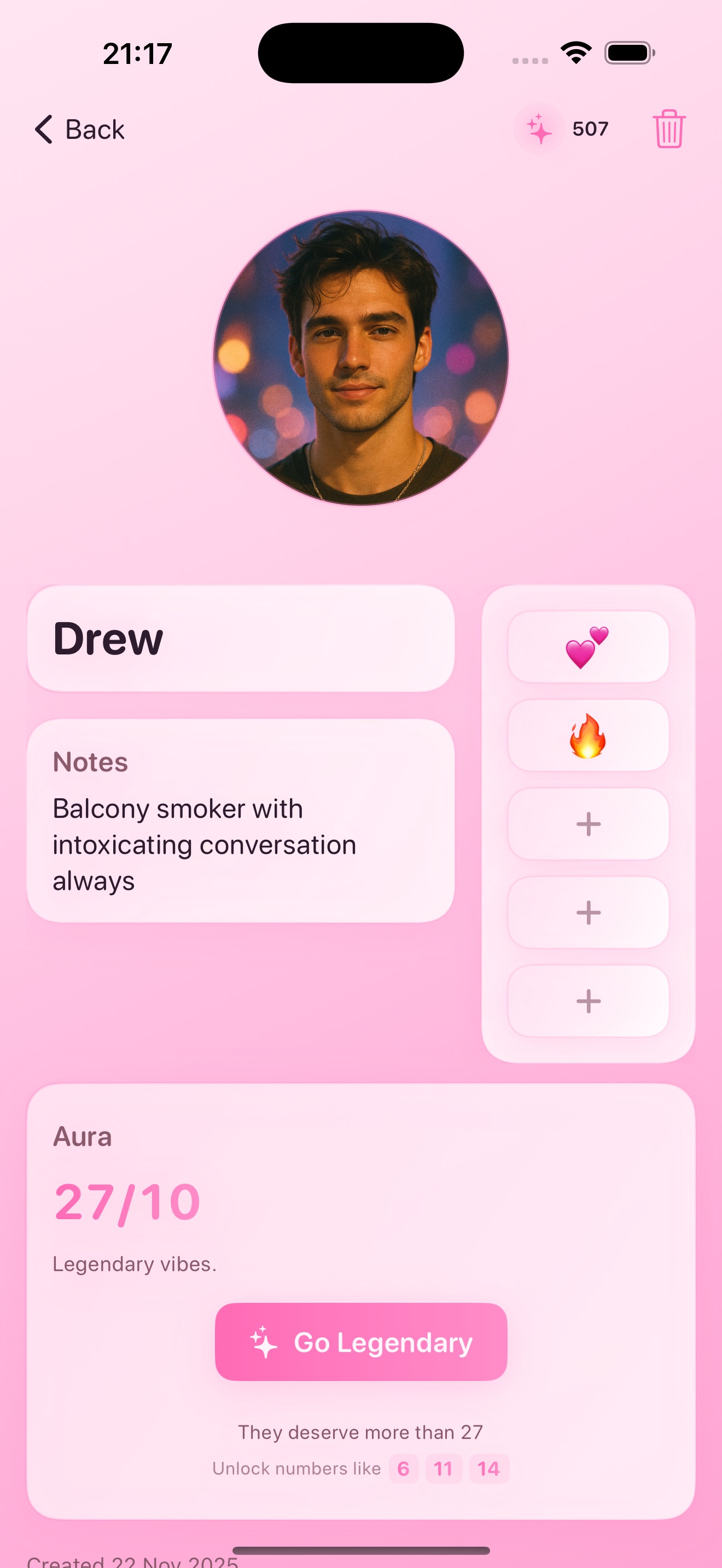 Friend Aura connection entry detail screen showing aura score, emoji reactions, notes, and entry information